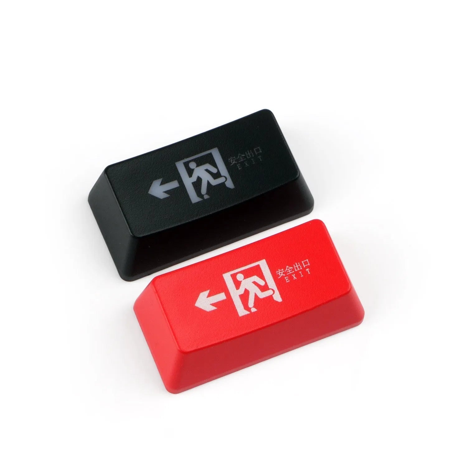 Transparent mechanical keyboard keycap with raised safety evacuation exit symbol for backspace replacement
