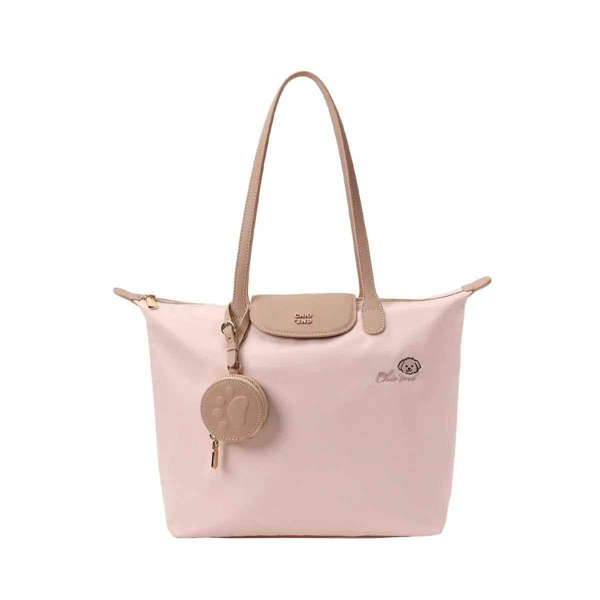 Large pink Oxford cloth tote shoulder bag showing external sandwich pocket and casual design.