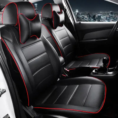 Universal fit leather car seat cover in binding style, shown in beige, black with red line, and black with red colour options.