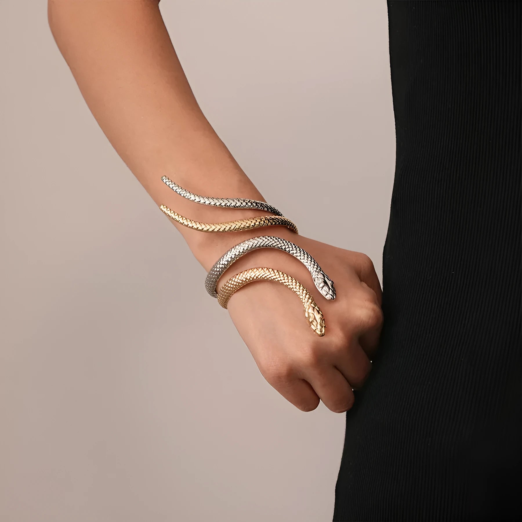 Gold and silver simulated snakes bracelet and ring set with twisted winding design