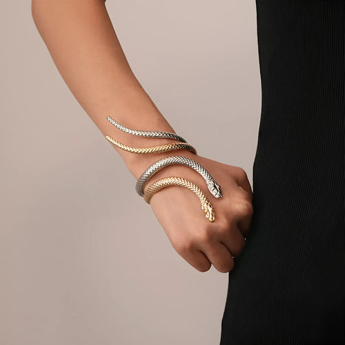 Gold and silver simulated snakes bracelet and ring set with twisted winding design