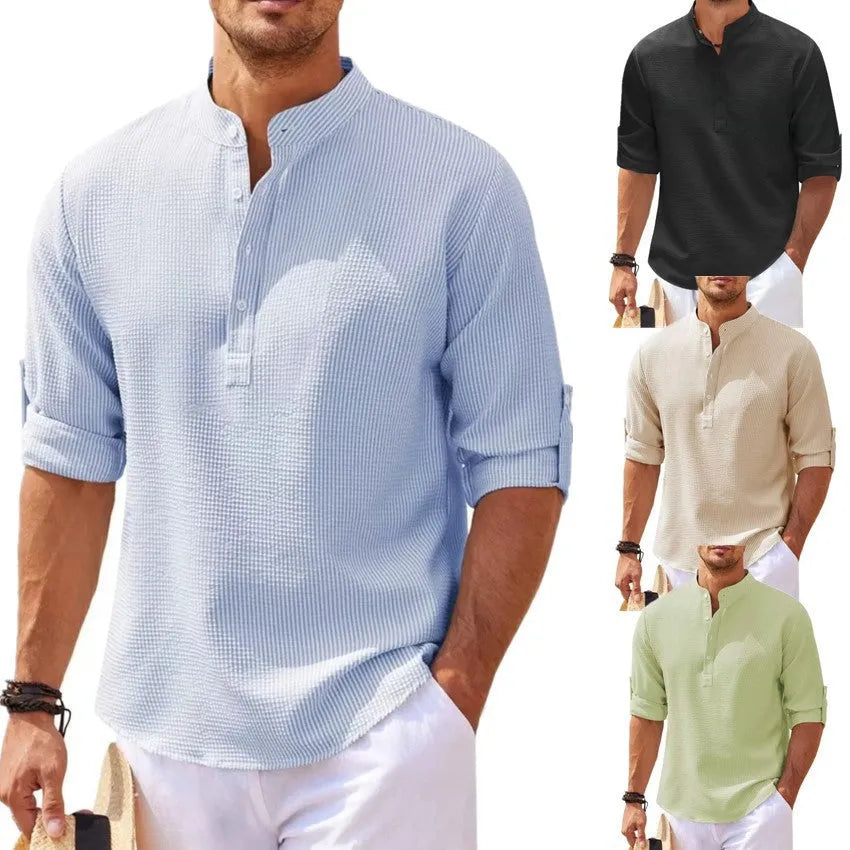 Men's stand collar button shirt with pineapple texture, loose fit polyester top in summer colours
