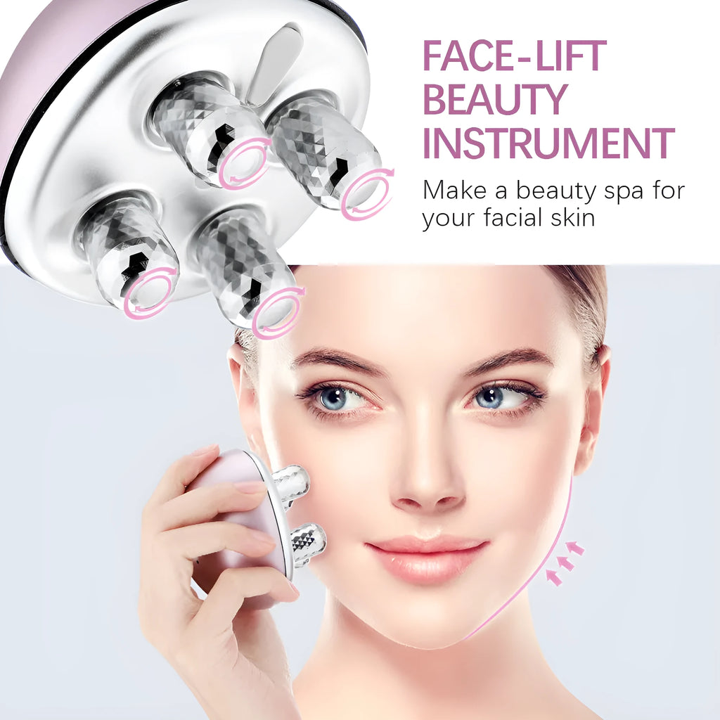 USB rechargeable roller massage electric face-lift device in Rose Red ABS plastic for reducing fine lines and puffiness