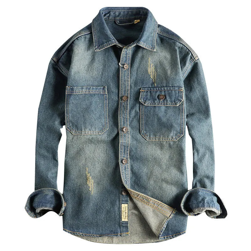 Men's washed vintage denim shirt in light blue and dark blue showing loose cardigan style and long sleeves