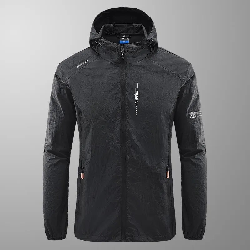 Men's lightweight hooded nylon summer jacket in loose fit, shown in light grey colour.
