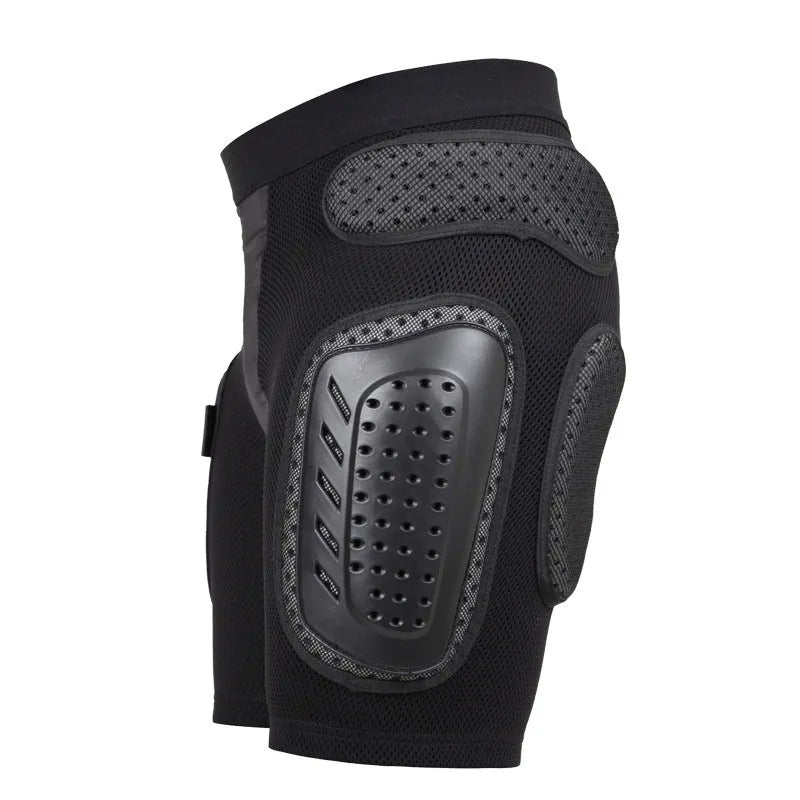 Black cycling hip protection pants showing adjustable sizing and hip padding for sports safety