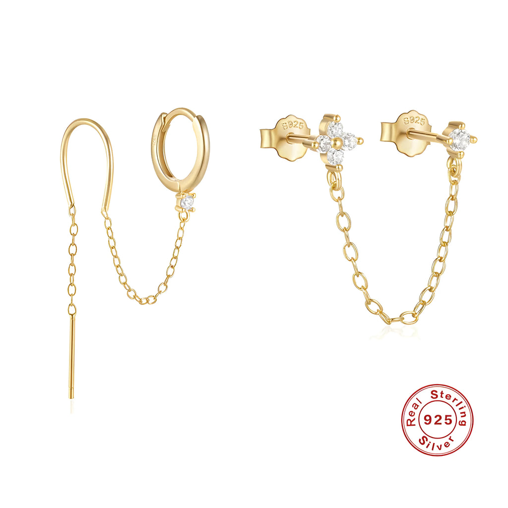 S925 sterling silver ear clip stud earrings with geometric flower design and golden electroplated tassel chain.