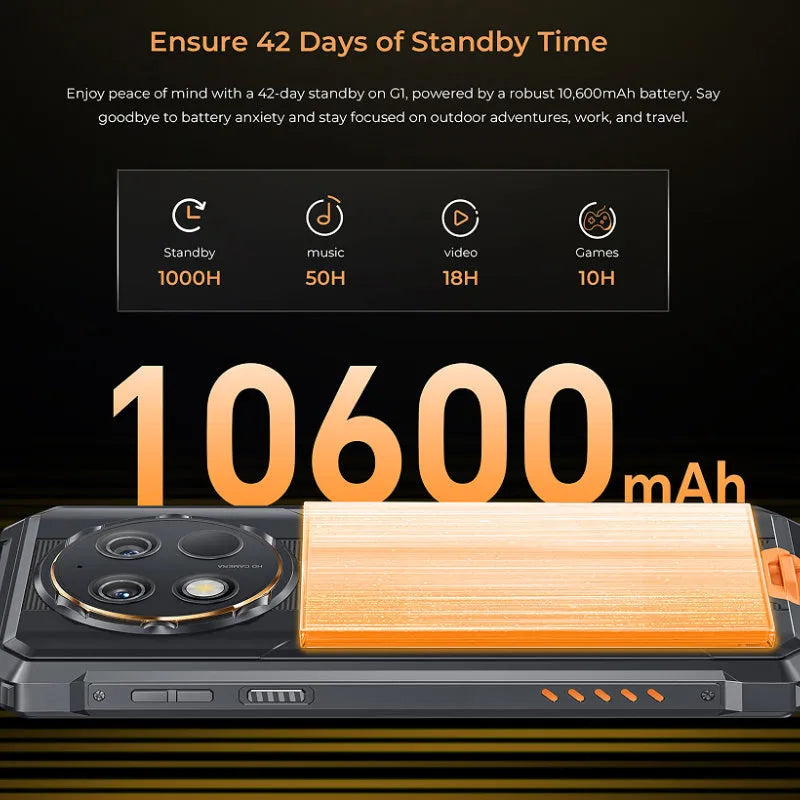 OUKITEL G1 mobile phone in grey, green and orange colour options with charger and manual