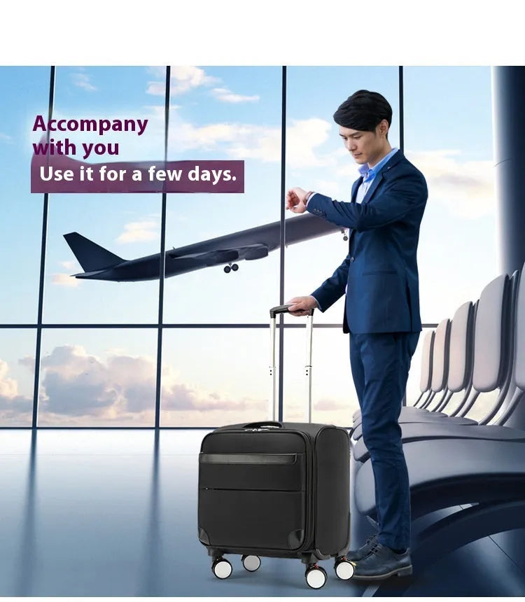 18 inch black Oxford cloth business suitcase with universal wheels and a draw bar box