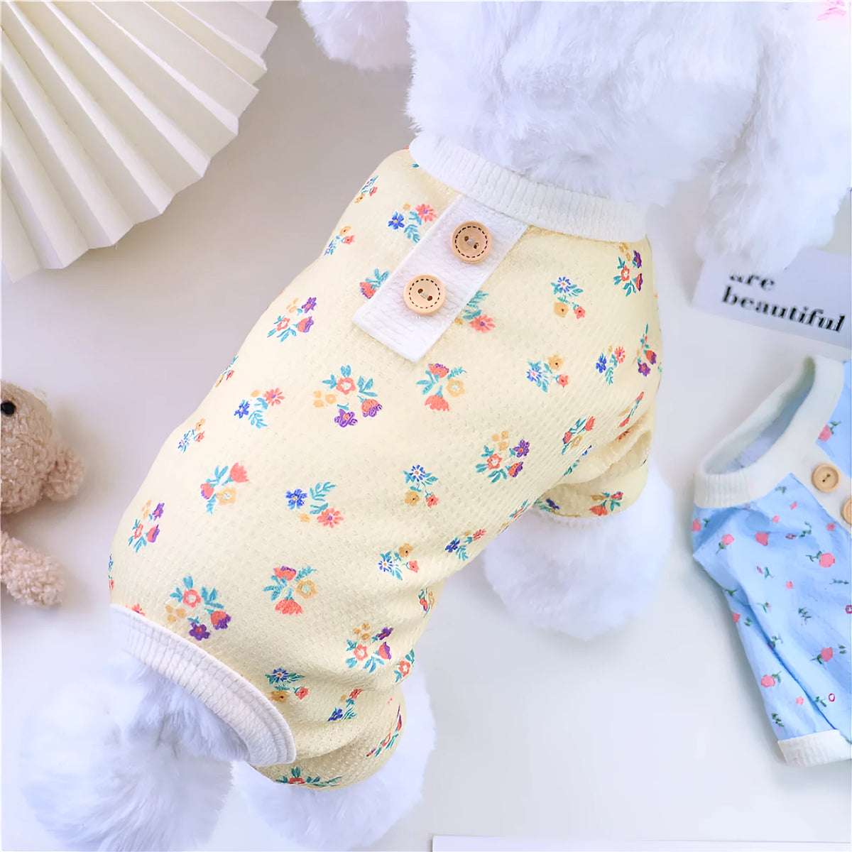 Dog summer pyjamas four-legged homewear in yellow, green, and sky blue, sizes S to XXL