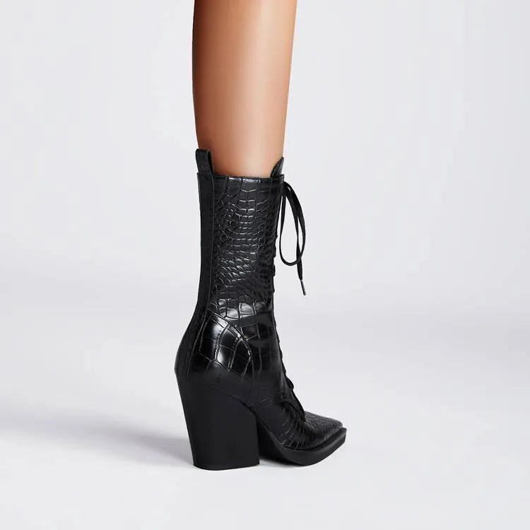 Retro pointed toe women's boots with chunky heel and lace-up details in dark brown