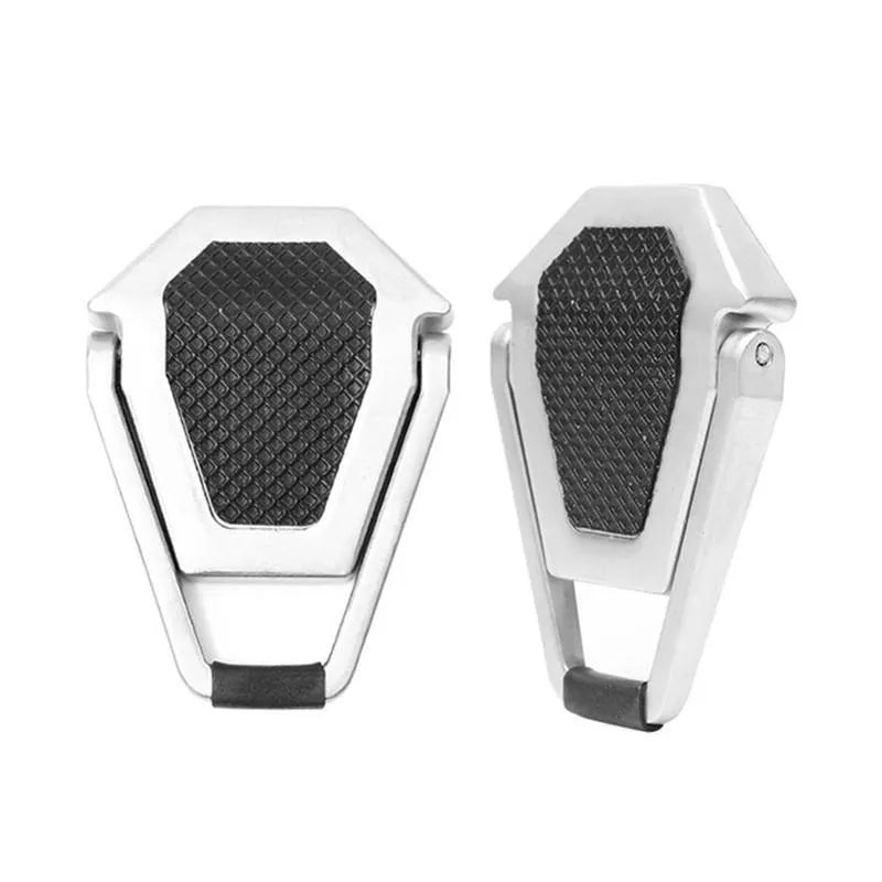 Small foldable aluminium alloy laptop bracket in silver, shown next to 3M adhesive strips for mounting.