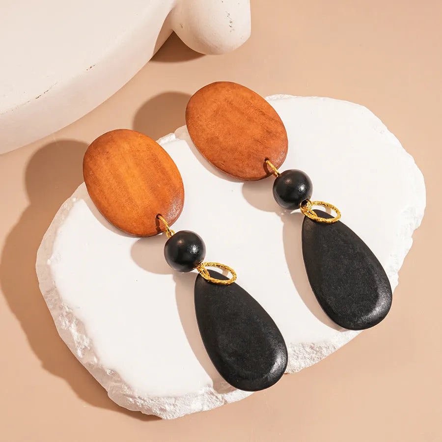 Handmade wooden ellipse earrings in silver needle-brown-black colour with European-American styling