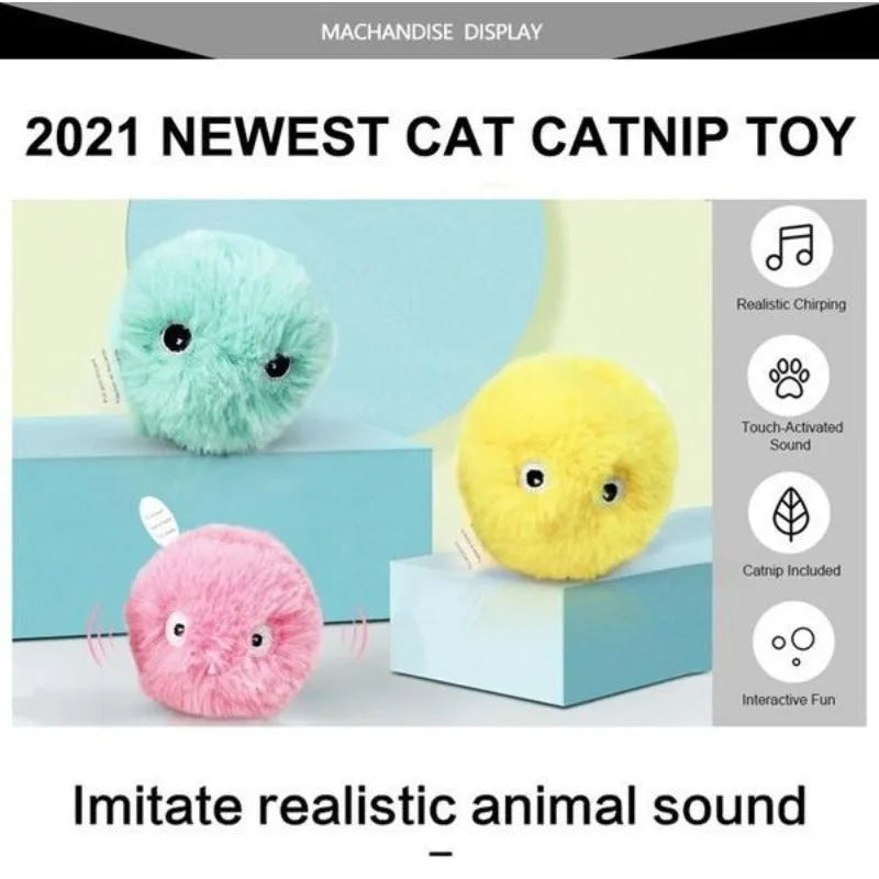 Blue, pink, and yellow interactive cat toy ball with gravity sensor for animal sounds