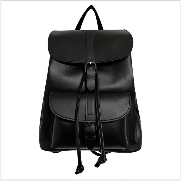 Retro college style small PU bucket bag in khaki with clamshell opening and multiple interior pockets