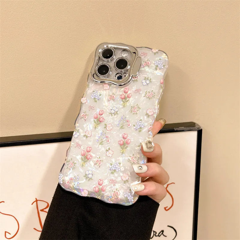 Acrylic shell pattern floral lens bracket protective case for Apple iPhone in wave pink