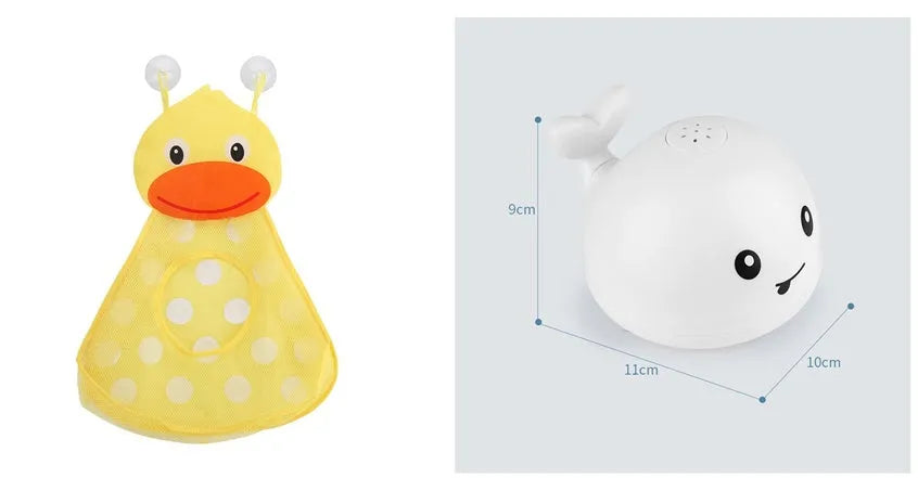 Automatic electric whale bath toy spraying water with LED lights on, floating in a baby bath.