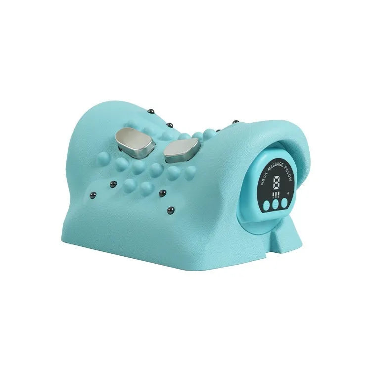 Blue-green portable EMS massage pillow showing compact 17x10x12cm size with hot compress and vibration features