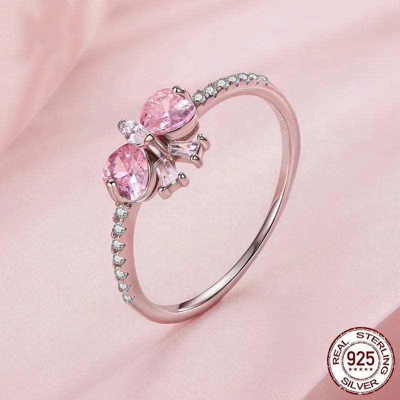 S925 sterling silver bow ring with zircon accent, electroplated silver-tone finish, US sizes 6 to 8