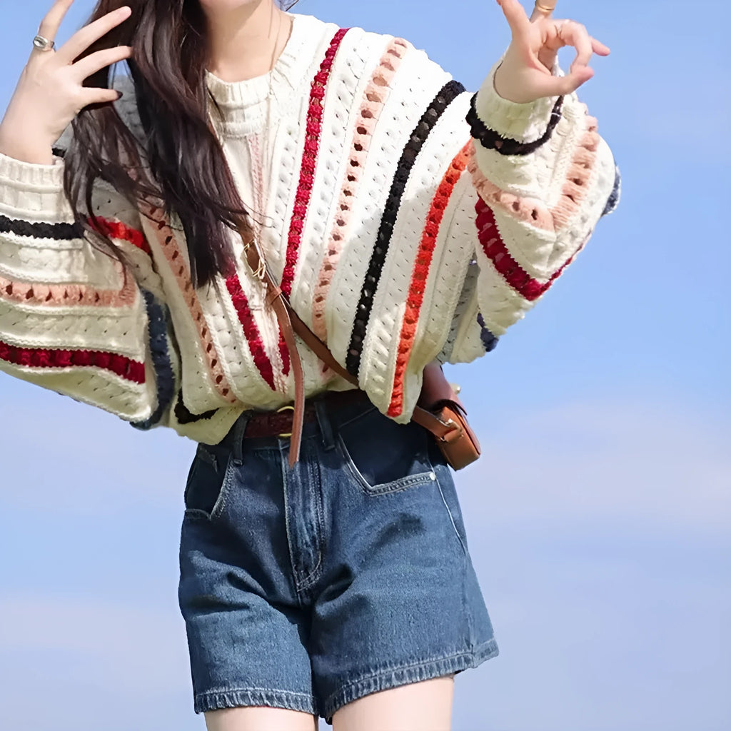 Retro rainbow striped cashmere blend sweater with batwing sleeves and round neck