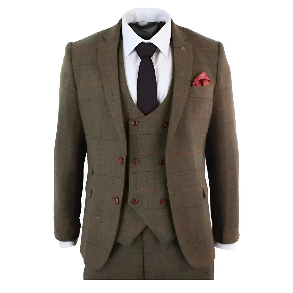 Brown plaid three-piece suit set with slim fit cotton blend coat, vest and pants, sizes XS to 6XL