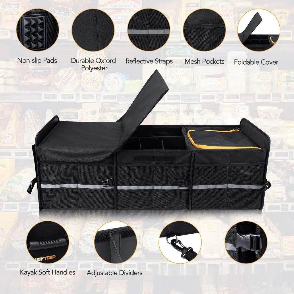 Black Oxford cloth folding car boot storage box with handle and roller, 89x36.8x31.8cm