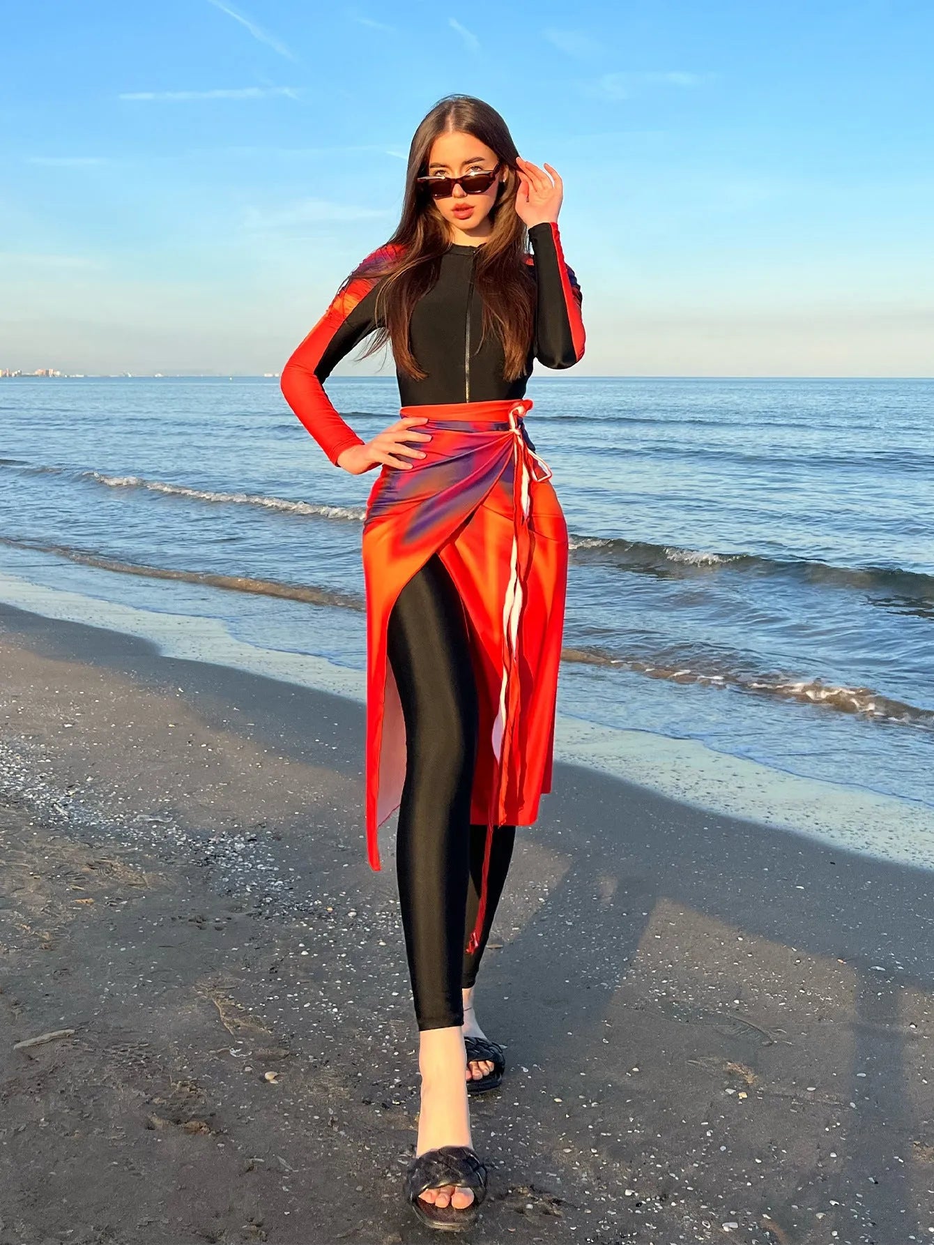 Sun Protection Beach Swimsuit Three-piece Set for Women in Conservative Style Polyester Colour 427