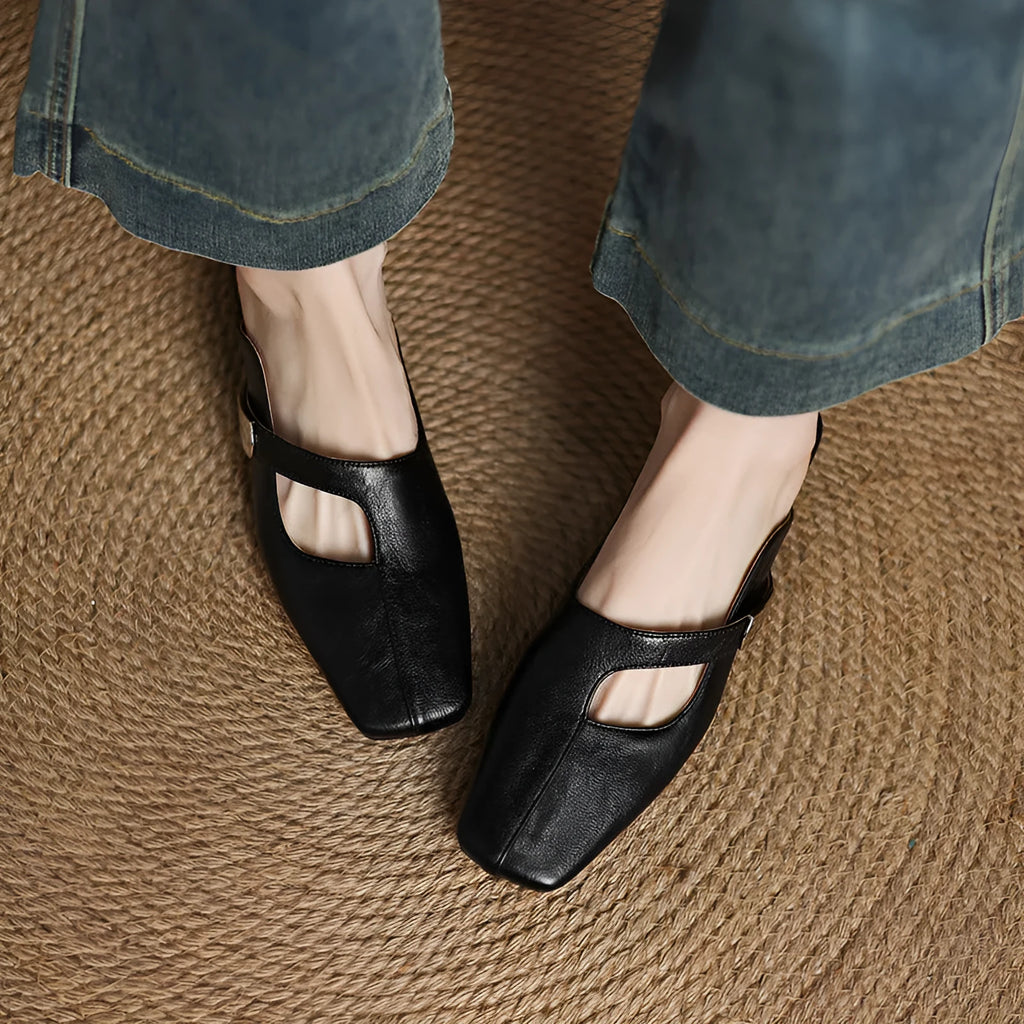 British style square toe low heel outdoor slippers in black, beige and silver colours.