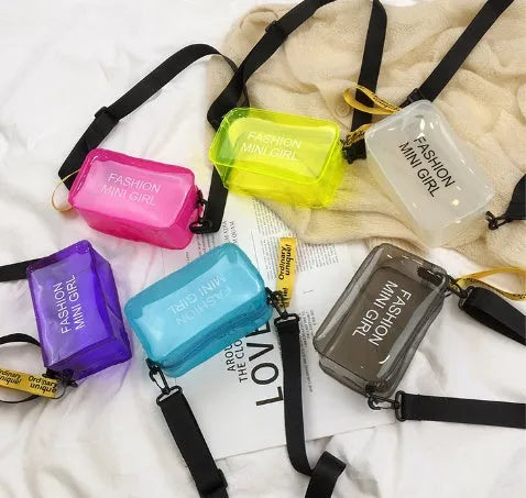 Transparent square jelly women's shoulder bag with diagonal cross design and adjustable strap