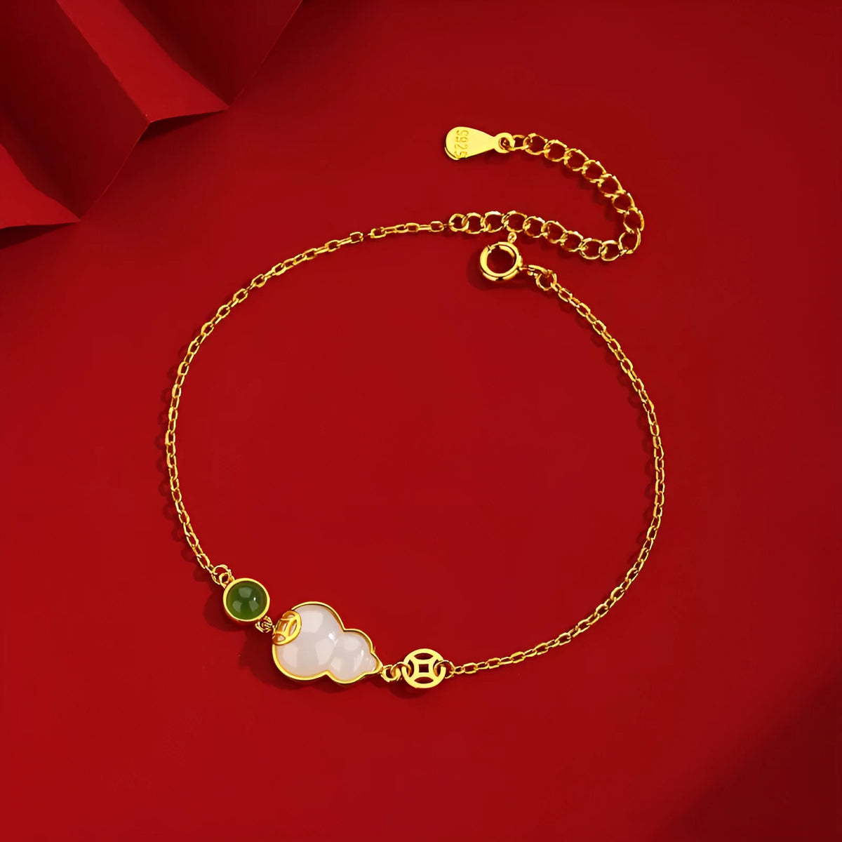 Sterling silver bracelet with natural Hetian jade flower and gourd design Chinese style women's jewellery