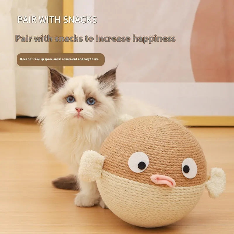 Puffer fish-shaped sisal puzzle feeder toy for pets, shown in a 15cm cube size.