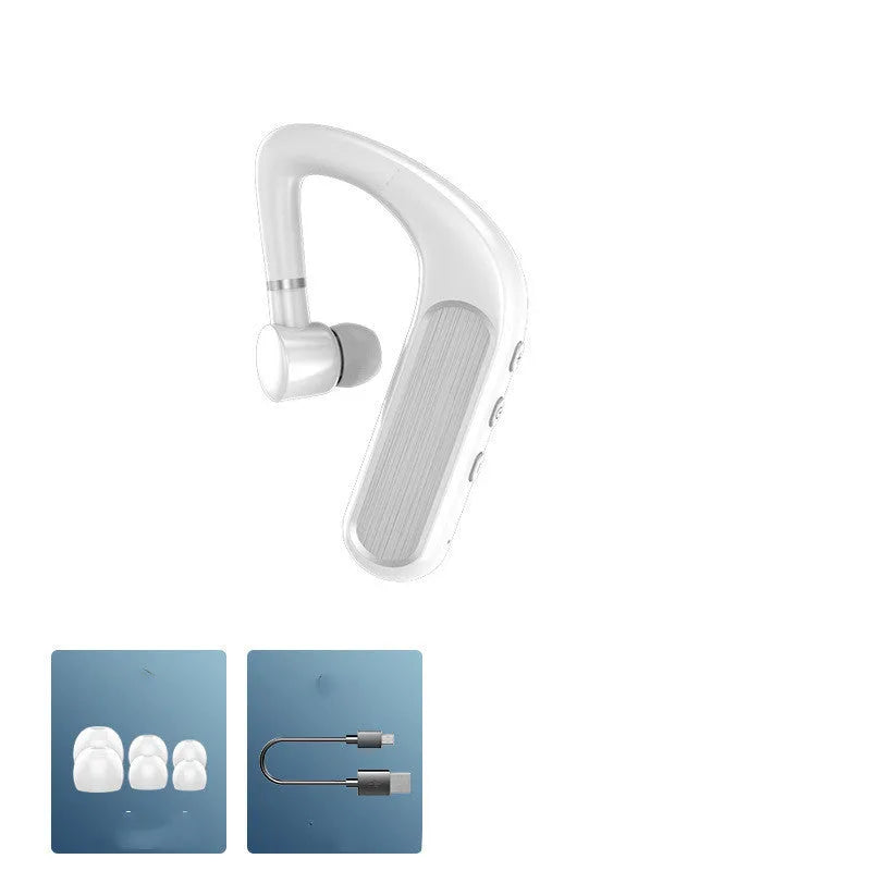 Black Bluetooth hanging earphones with charging warehouse and three pairs of ear caps on a white background