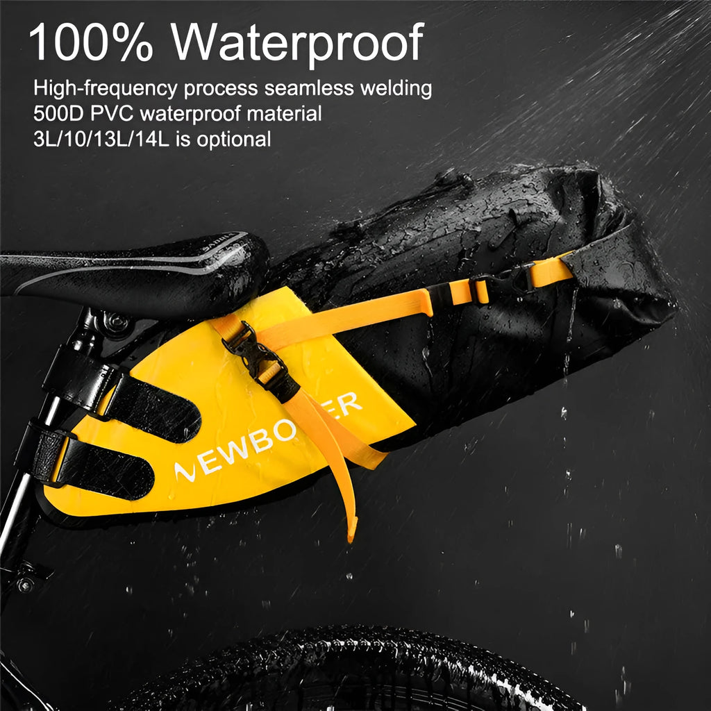 Yellow waterproof PVC cycling tail bag mounted on a bicycle rear rack, showing its 13-litre capacity.