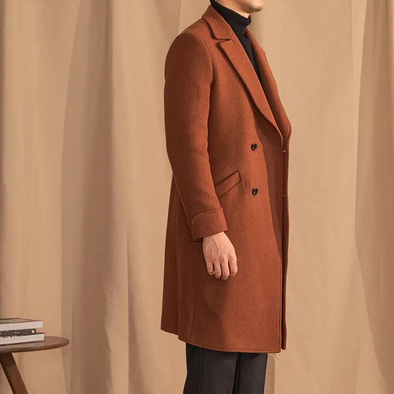 Caramel double-breasted mid-length wool overcoat with suit collar, 60% wool blend, sizes M to 3XL