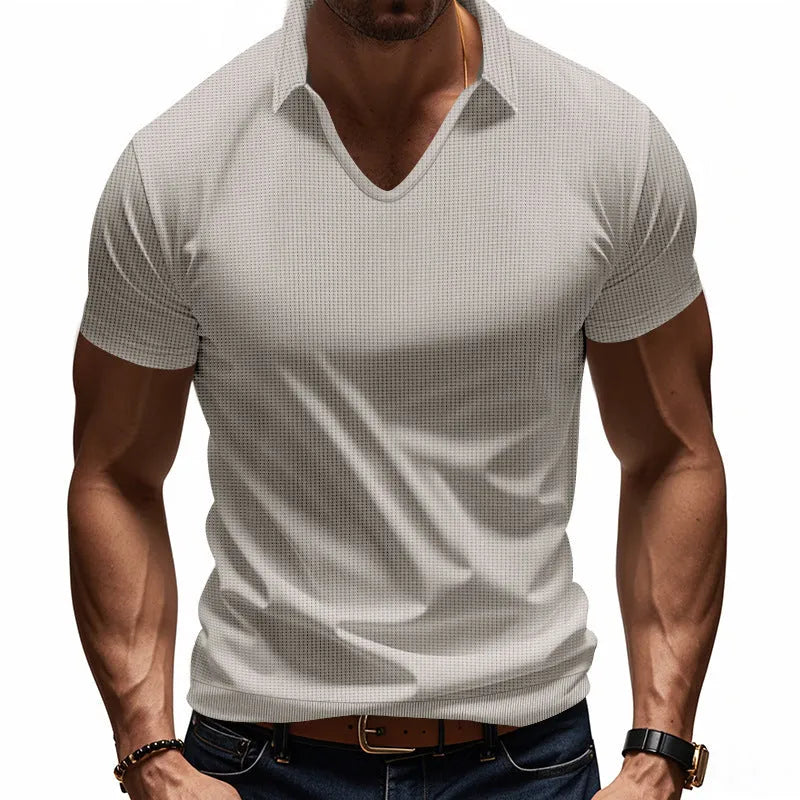 Men's casual V-neck short-sleeve top in loose cotton-blend fabric