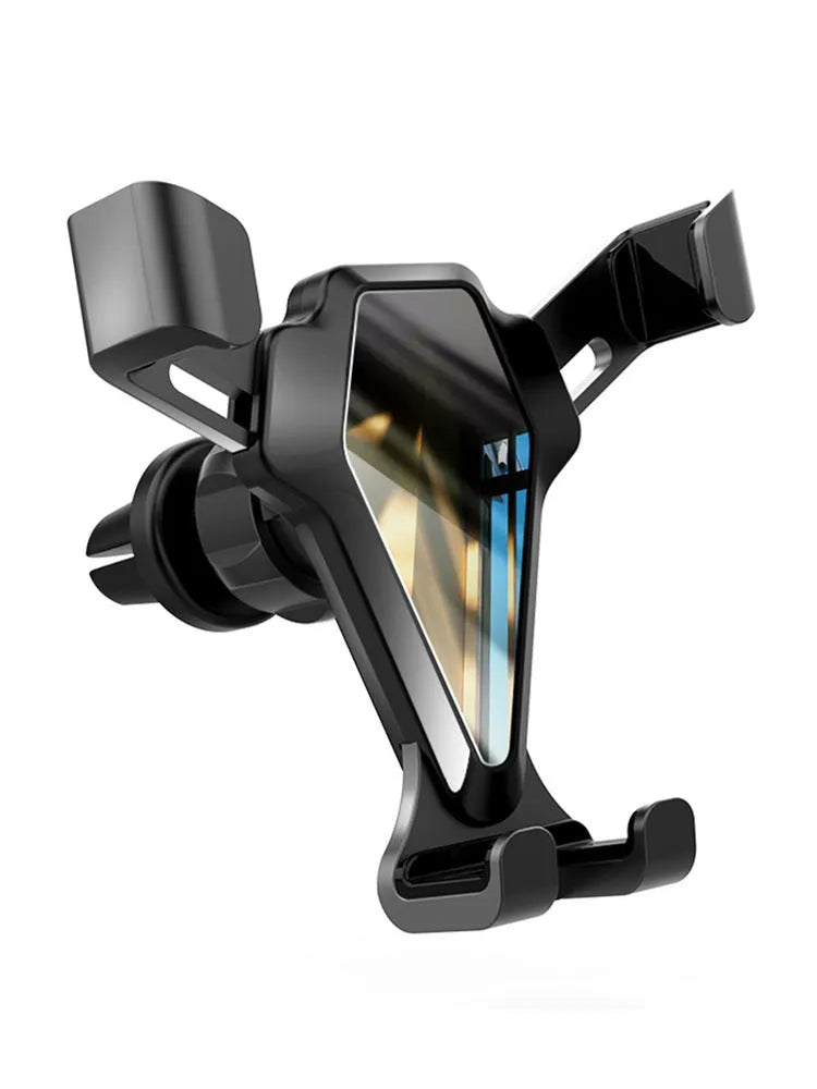 Universal car air vent phone mount in elegant black, holding a smartphone, with adjustable cradle for 66-84mm devices.