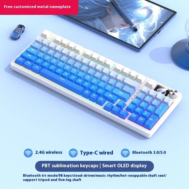98 key wireless Bluetooth mechanical keyboard kit with optional display screen and metal knob