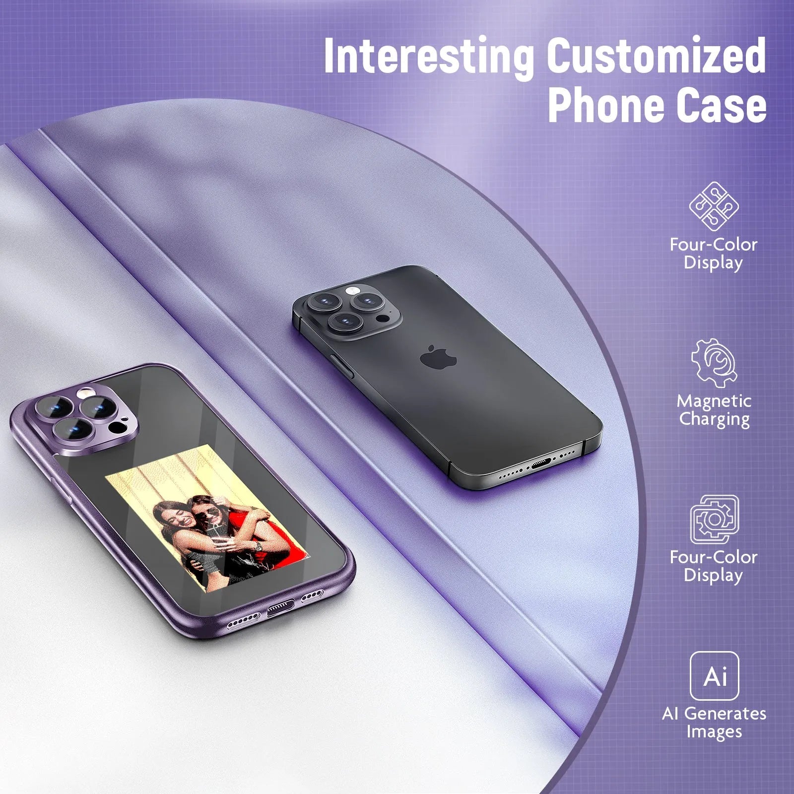 Black and purple iPhone 15 Pro NFC ink screen flip phone case with customisable display