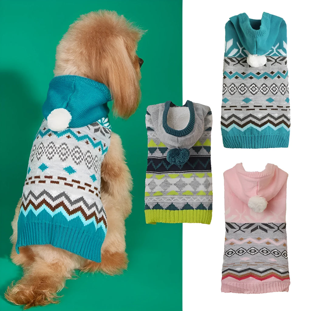 Green diamond pattern pet sweater on small dog showing acrylic knit fabric and sizing fit