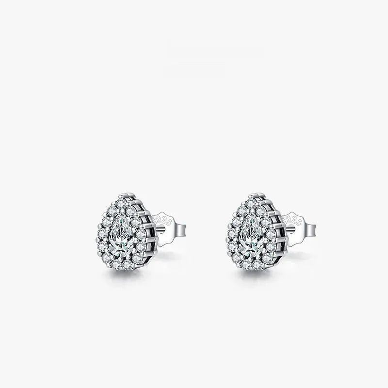 Women's silver water drop ear studs with diamond finish and 925 sterling silver construction