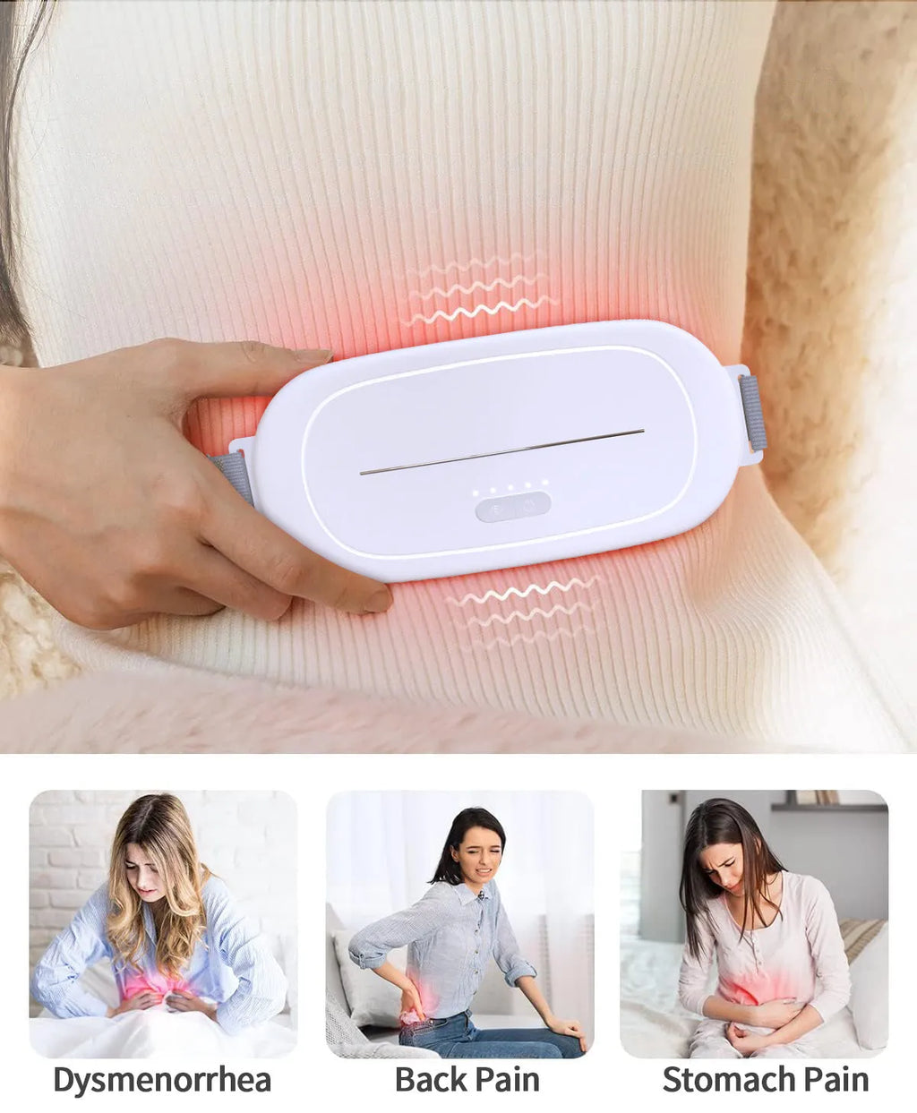 A white, cordless uterine warming device with soft silicone pads and a magnetic charging cable.