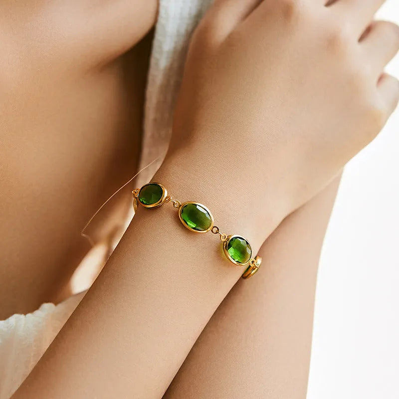 Copper geometric bracelet with glass inlay in blue, green, or multicolor colours