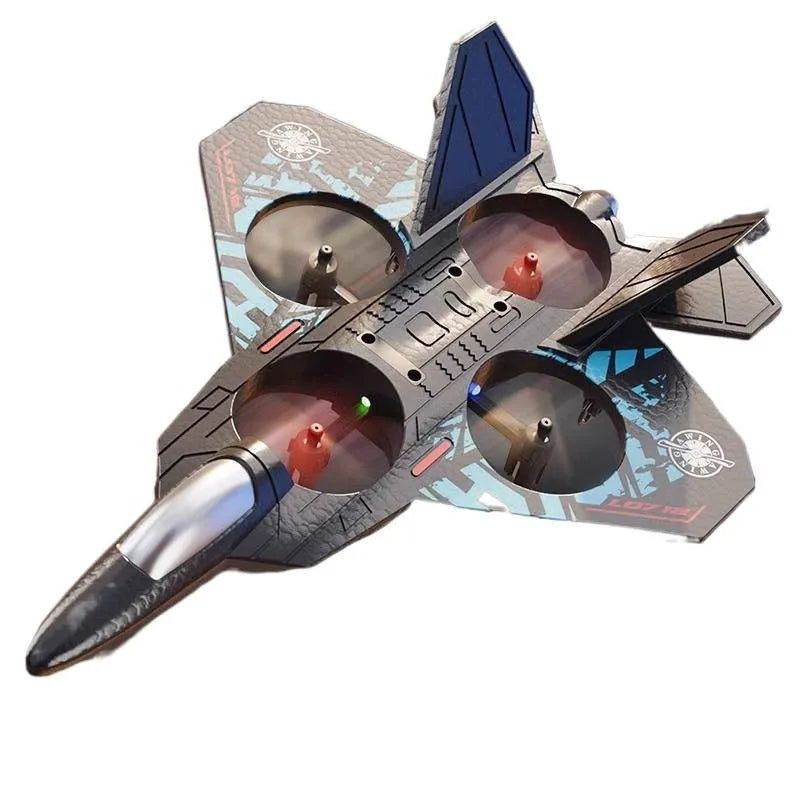 Remote control fighter jet model toy in plastic with USB charging, shown in 8th Generation Blue or Gray with battery module options