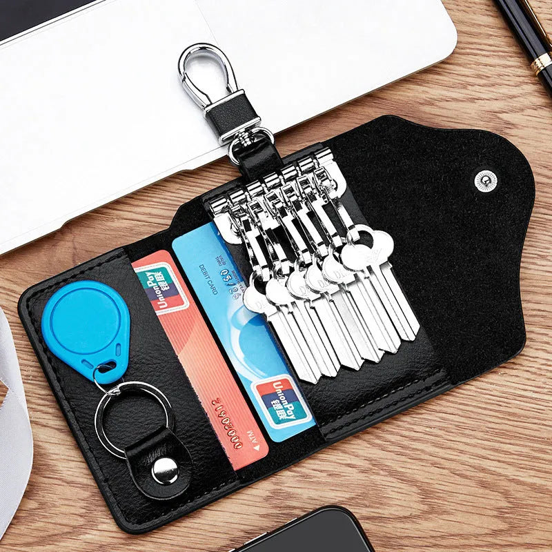 Korean-style square vertical genuine leather keycard holder showing internal key mapping structure