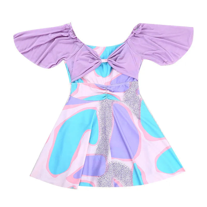 Women's floral high-waist one-piece swimsuit with bowknot detail in light purple or light blue patterns