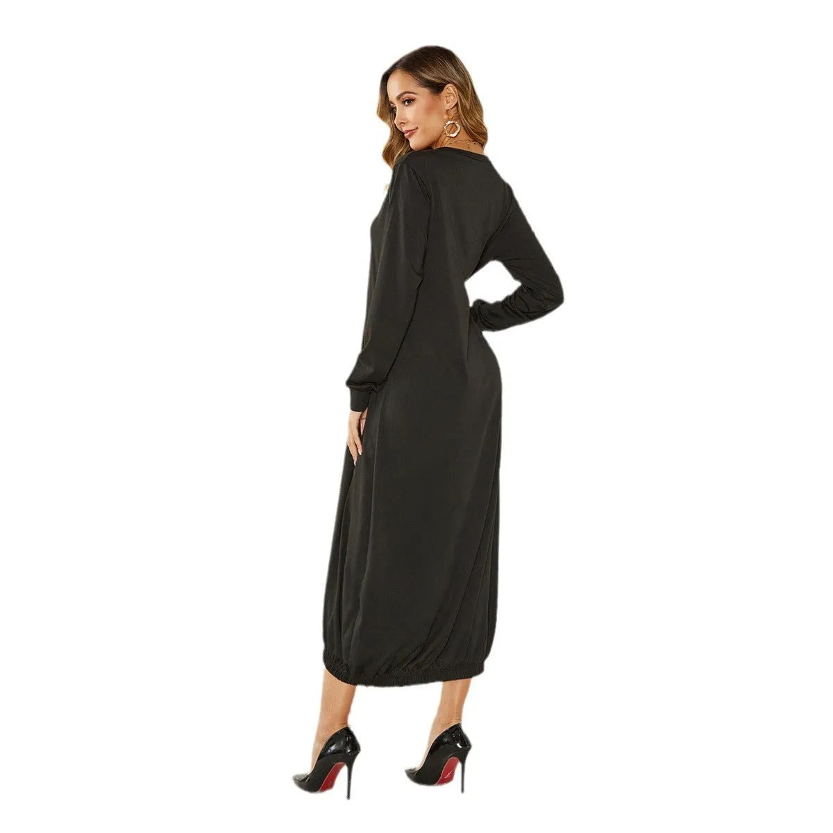 Black loose lace-up crew neck lantern dress on a hanger, casual polyester knit.