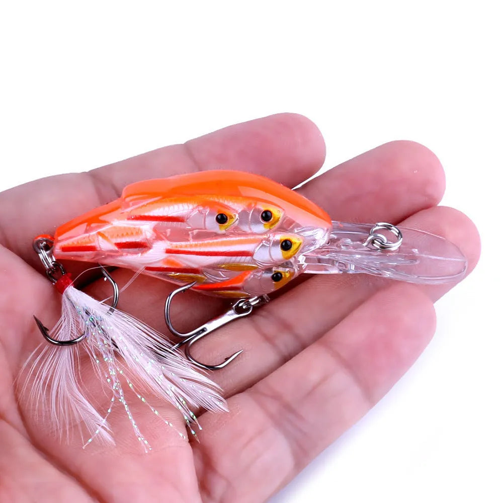 7.5 cm hard plastic fishing lure with fish feather hook in multiple colour options