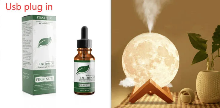 Wood finish spherical lunar humidifier and night light on a bedside table.