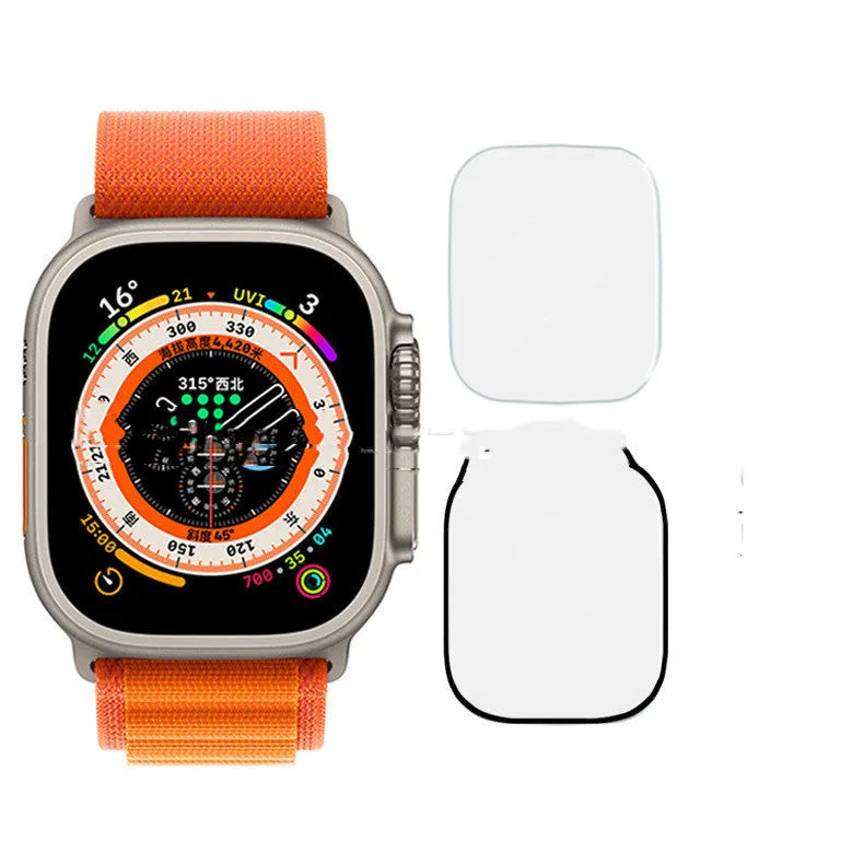 Tempered glass screen protector on an Apple Watch Ultra 49mm case, showing transparent coverage