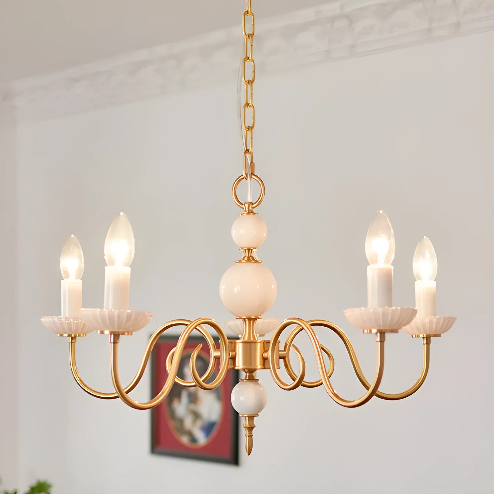 Retro French vintage milk glass copper 3-light chandelier 45cm diameter for bedroom dining room